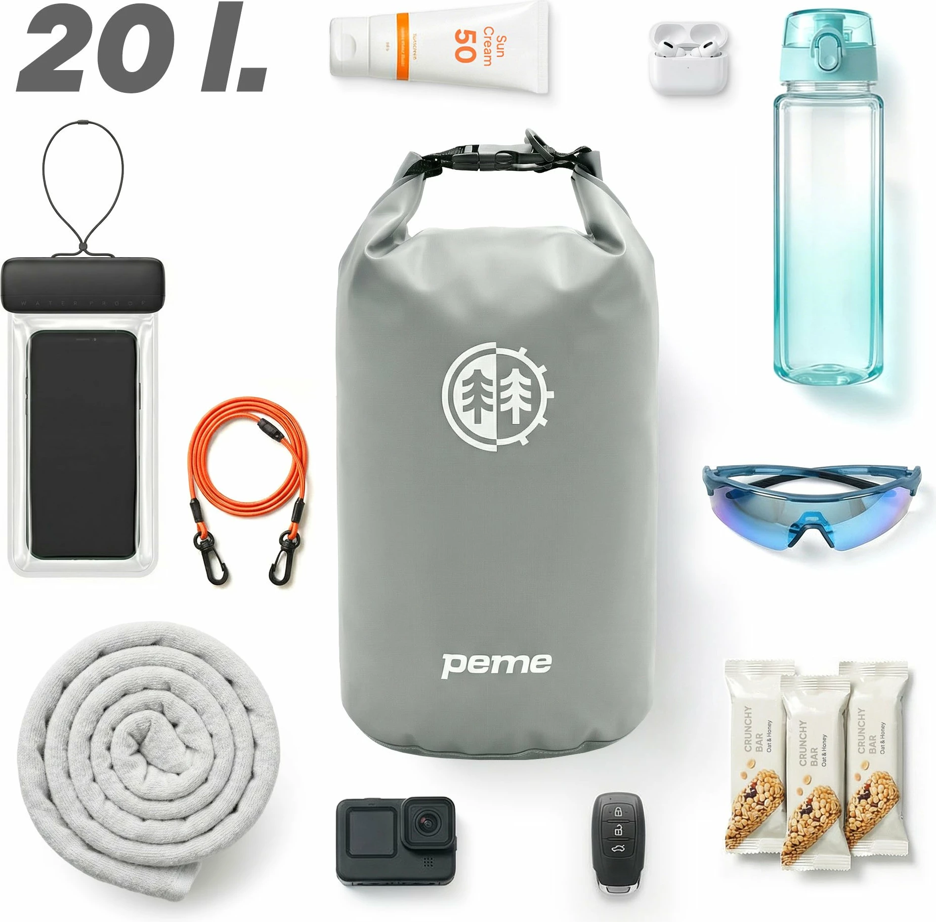 Çantë e papërshkueshme nga uji Peme Hydro Dry Bag 20L, 24x58 cm, gri
