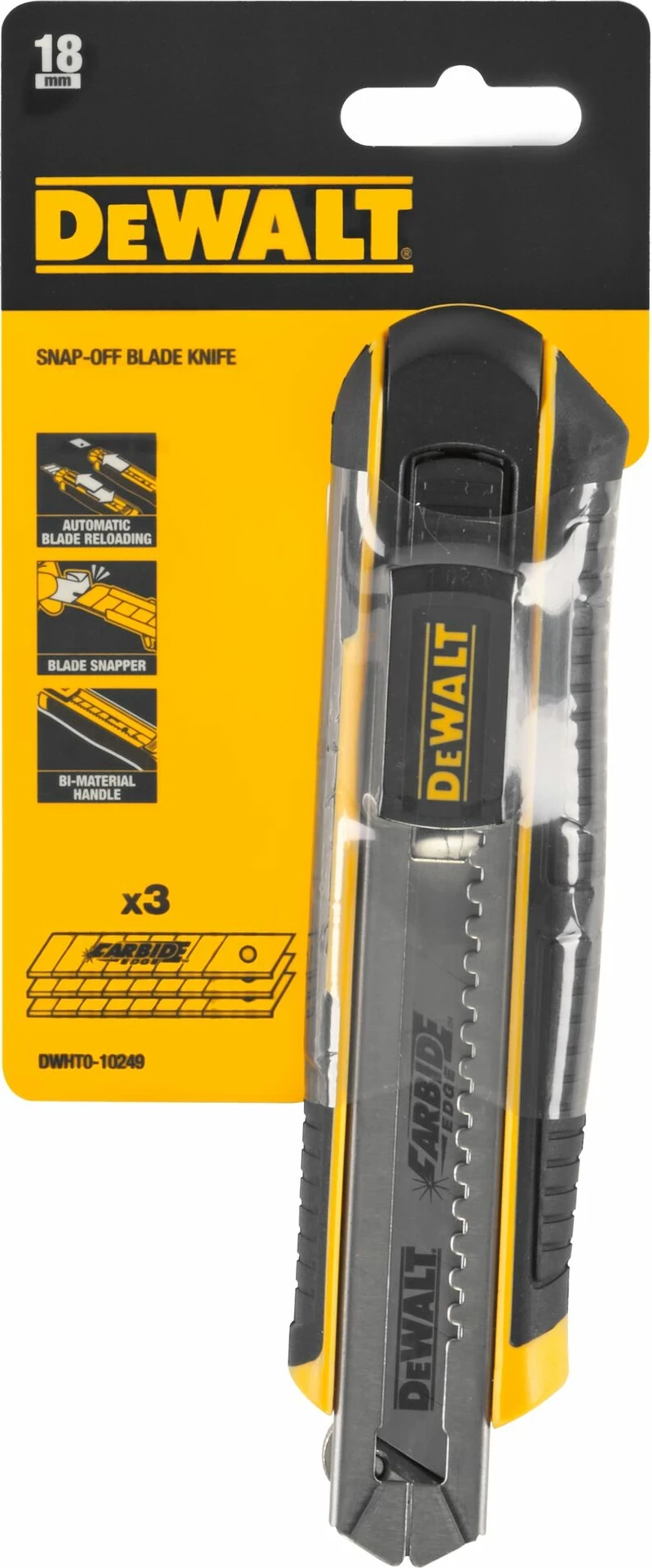 Thikë prerëse DeWalt DWHT0-10249, teh i ndërrueshëm 18mm, me 3 tehe, e verdhë/zezë