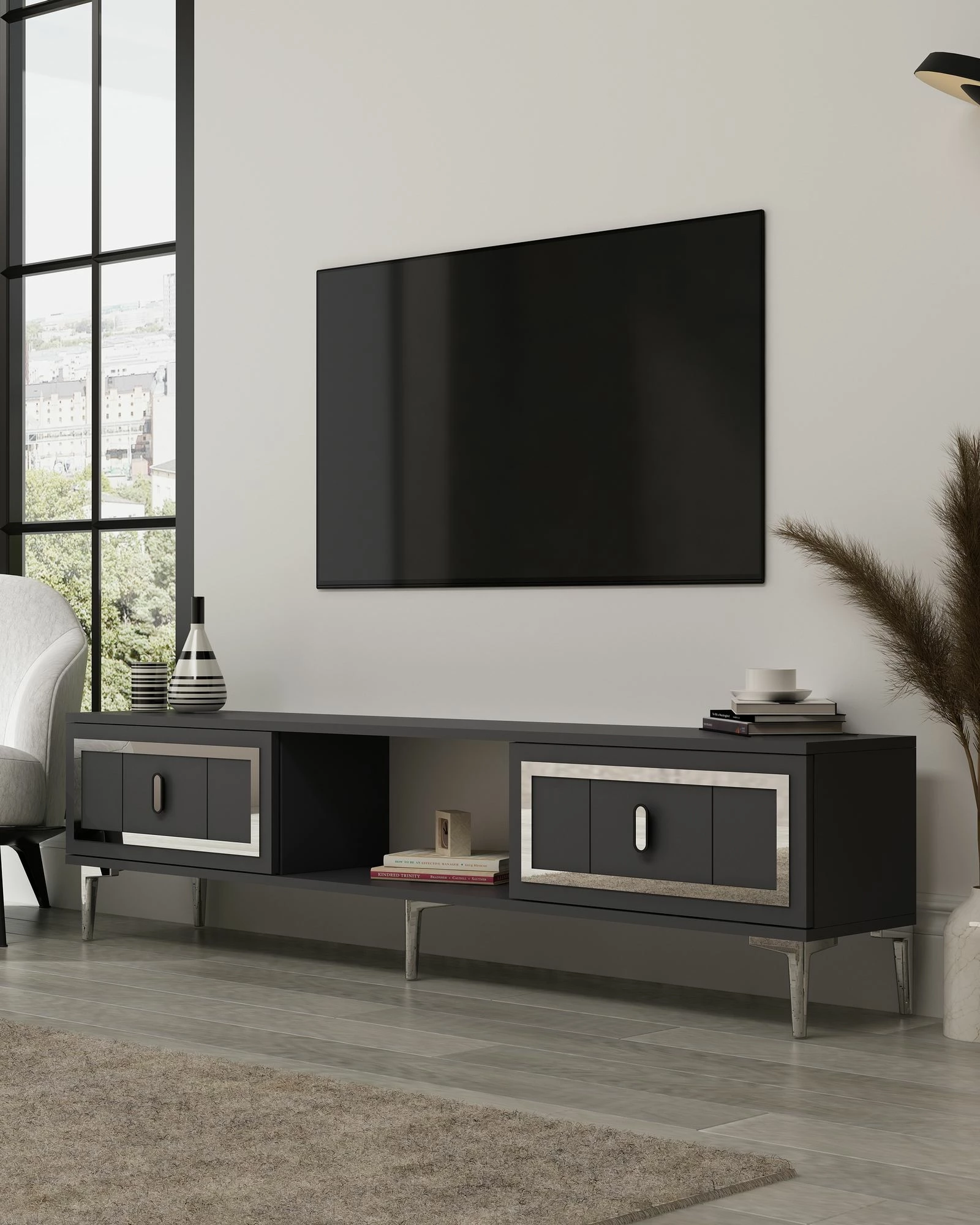 Komodë TV Skye Decor, ngjyrë antracit, argjend