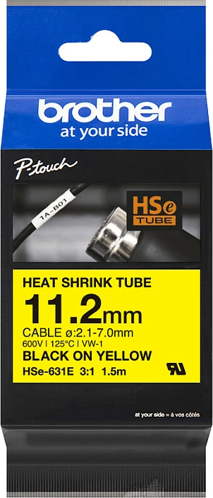 Kasetë tub termokurrës Brother HSe-631E, 11.2mm, 1.5m, Black on Yellow, e verdhë