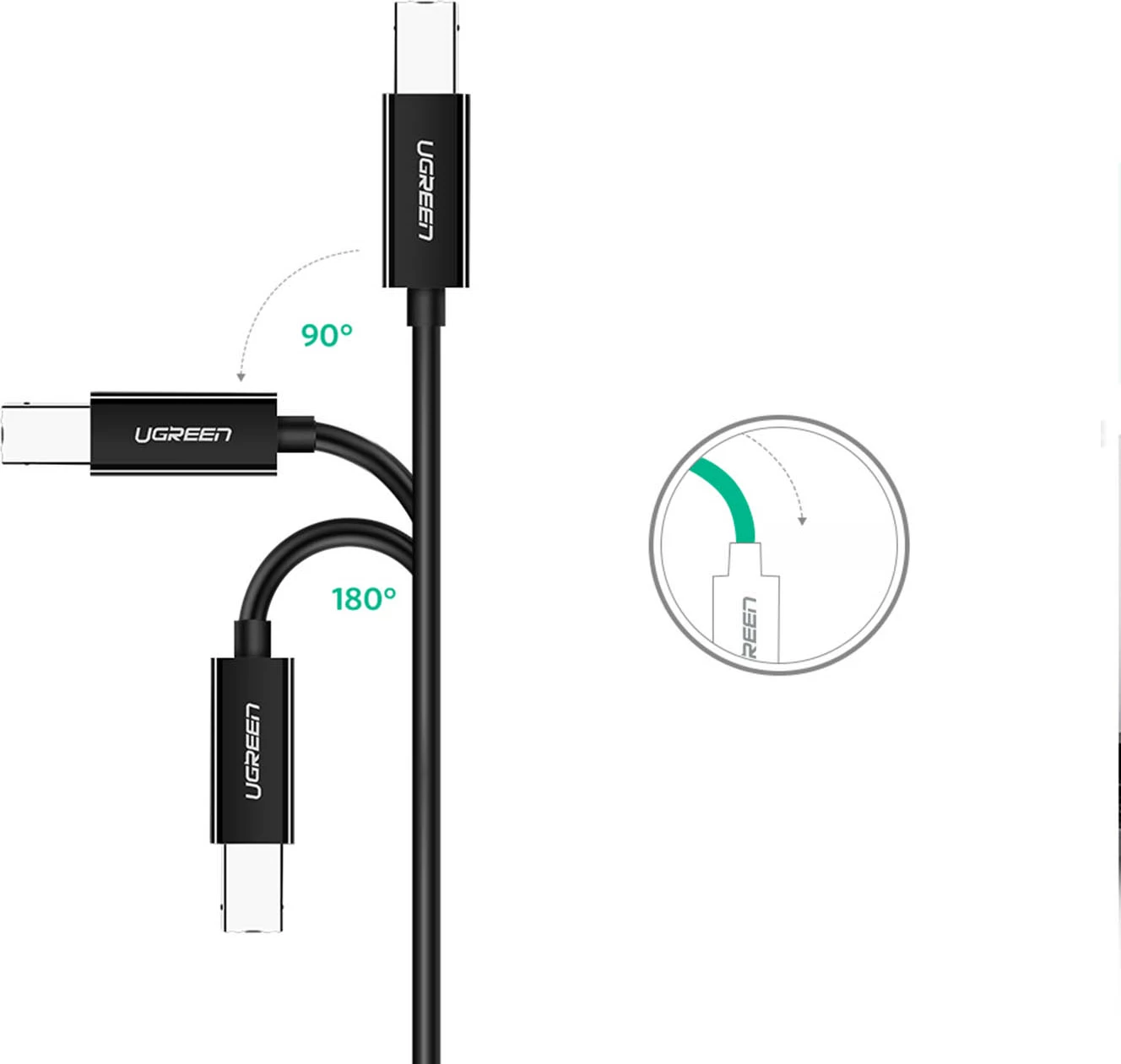 Kabllo printeri Ugreen US241, USB-C në USB-B, 2m, e zezë