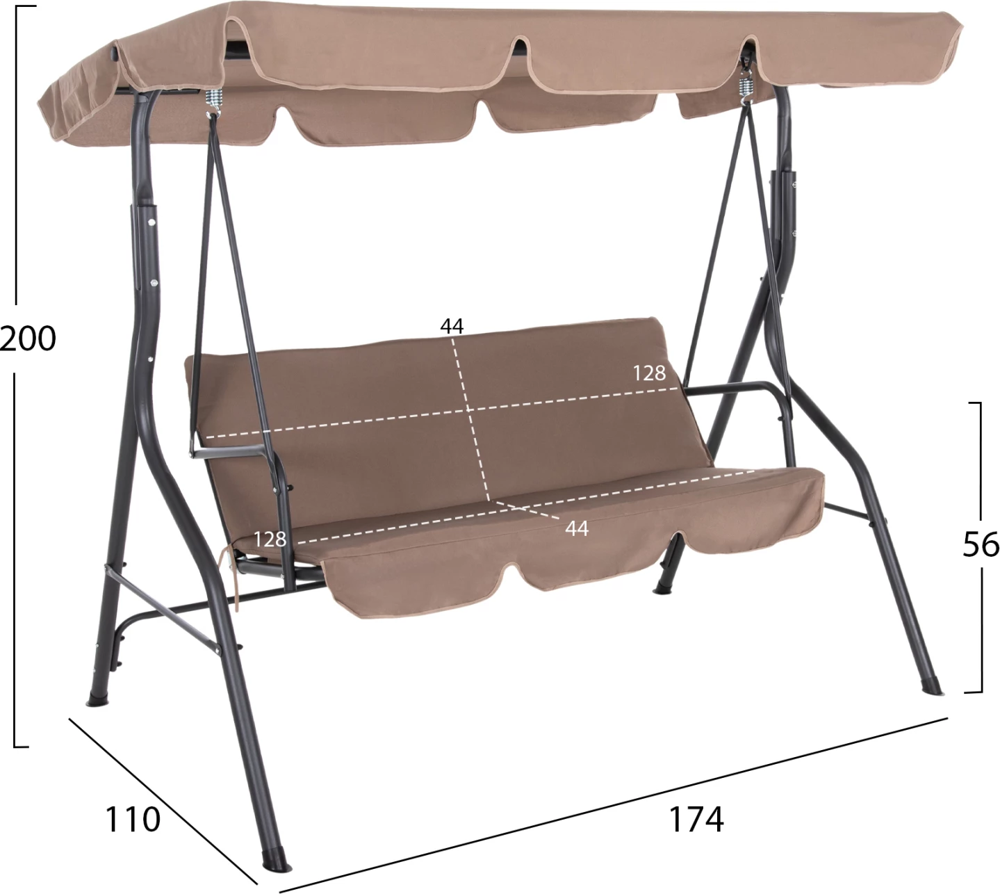 Luhatëse për verandë 3-vendëshe me mbrojtës dielli LIKID FH5979.02 metal gri - pëlhurë kafe 174x110x200Hcm