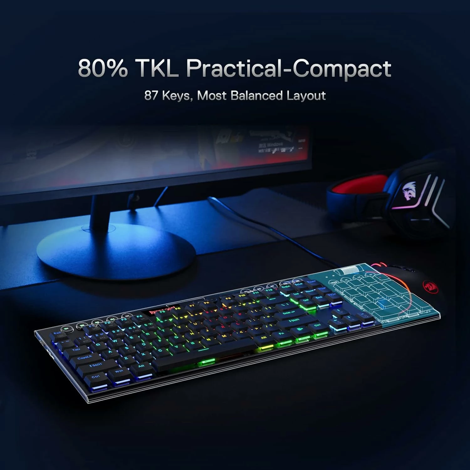 Tipkovnicë mekanike Redragon Horus TKL Pro K621RGB-PRO, tri-mode USB-C/2.4G/BT, Red switch, RGB, low-profile, 87 taste, e zezë