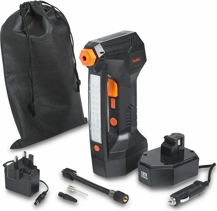 Inflator gomash VONHAUS 3500001 12V, bateri Li-ion 1500mAh, manometër digjital LCD, LED, i zi/portokalli, set me aksesorë