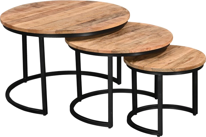 Set tavolina kafeje Frina, 3 copë, dru mango natyral, këmbë metalike të zeza