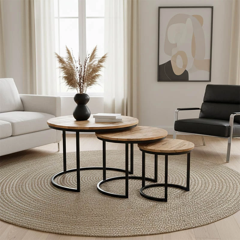 Set tavolina kafeje Frina, 3 copë, dru mango natyral, këmbë metalike të zeza