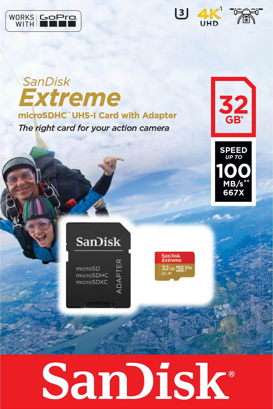Kartelë MicroSDHC SanDisk Extreme 32 GB, Class 10, UHS-I, 100 MB/s, 60 MB/s, e kuqe