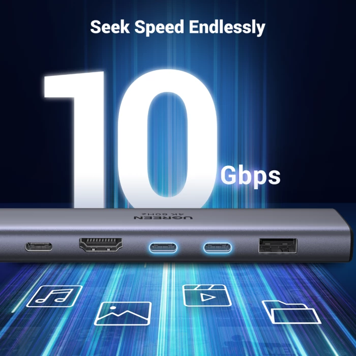 Hub USB-C UGREEN 45521 7-në-1 10Gbps 4K@60Hz PD 100W gri