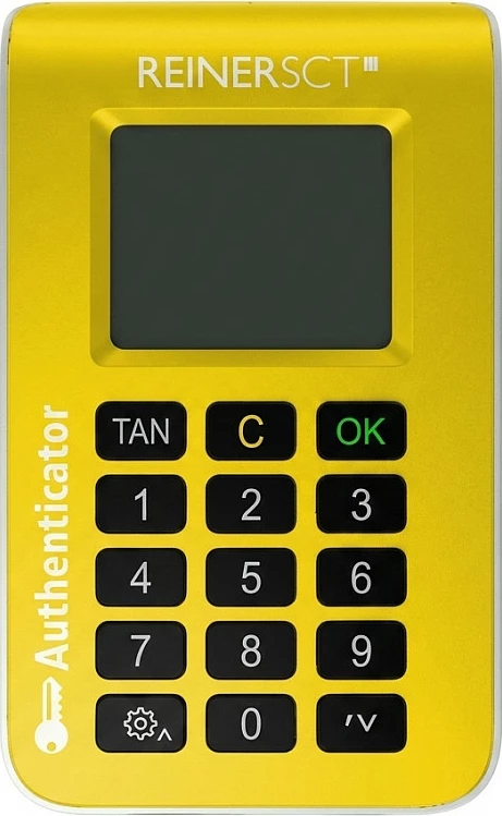 Token autentifikimi REINER SCT Authenticator, gjenerues TAN/OTP me ekran dhe tastierë, e verdhë