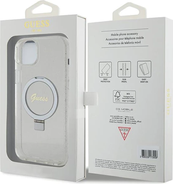 Mbështjellës Guess GUHMP15MHRSGSD për iPhone 15 Plus / 14 Plus 6.7", transparent, me unazë dhe MagSafe