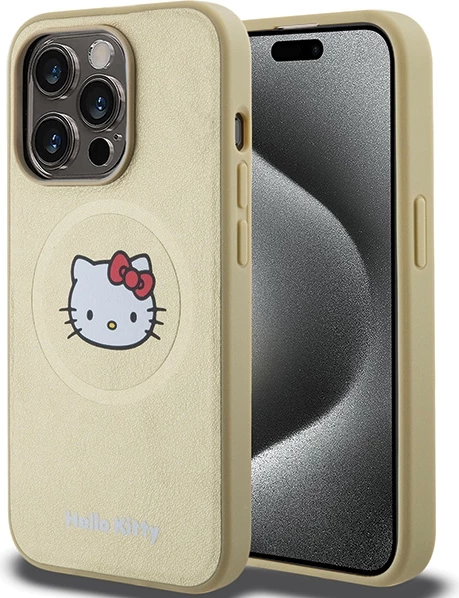 Mbështjellës Hello Kitty Leather Kitty Head MagSafe për iPhone 15 Pro Max, lëkurë artificiale, ari