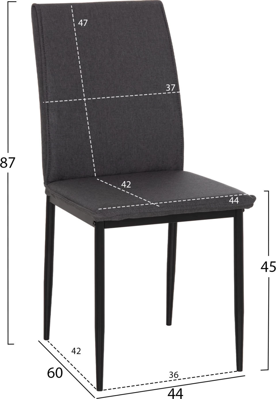 Karrige ngrënieje PERKY, set prej 4 copash, material gri, këmbë metalike të zeza, FH18347.01, 42x58x89.5cm