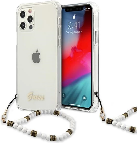 Mbështjellës Guess GUHCP12MKPSWH për iPhone 12/12 Pro 6.1", transparent me varëse perlë