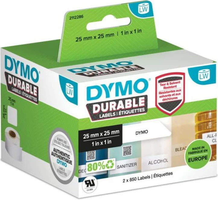 Etiketa Dymo LW Durable 2112286, 25 x 25 mm, 2 x 850 copë, e bardhë