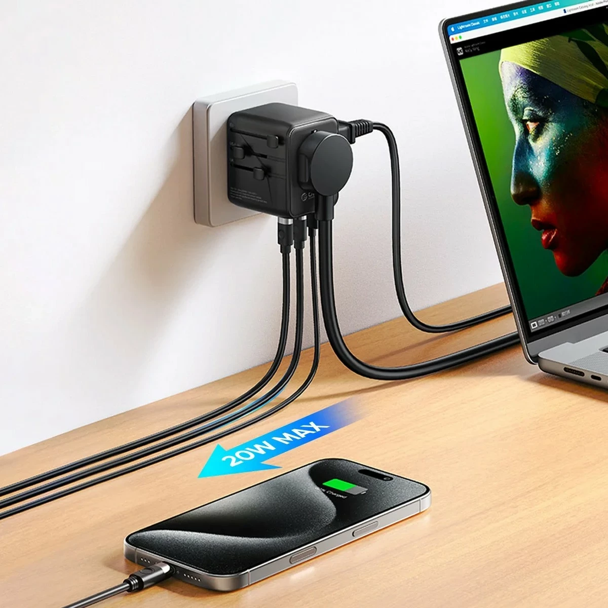 Karikues udhëtimi Orico GaN III, adapter universal UK/EU/US/AU, 2x USB-C 20W PD, USB-A, i zi