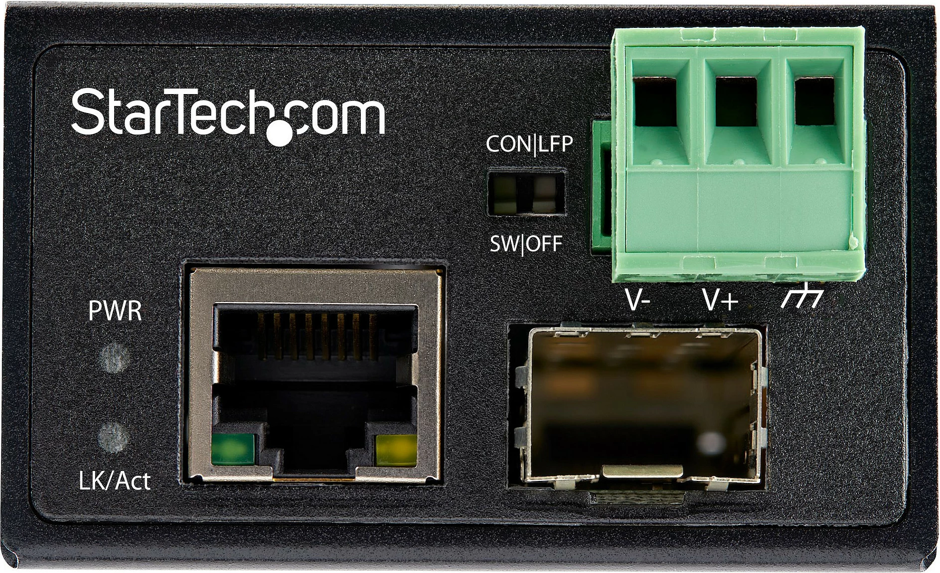Media konvertues industrial StarTech 10/100Mbps RJ-45 në SFP fiber, 12-56V DC, IP30