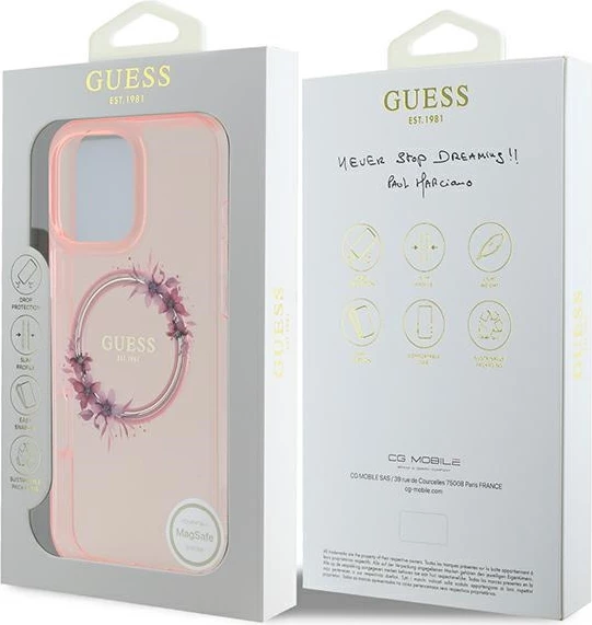 Mbështjellës Guess IML Flowers Wreath MagSafe për iPhone 16 Pro Max, Rozë