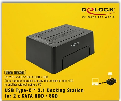 Docking stacion DeLOCK 63957 për HDD/SSD SATA, USB-C 3.2 Gen 2, klonim, 2.5/3.5", e zezë