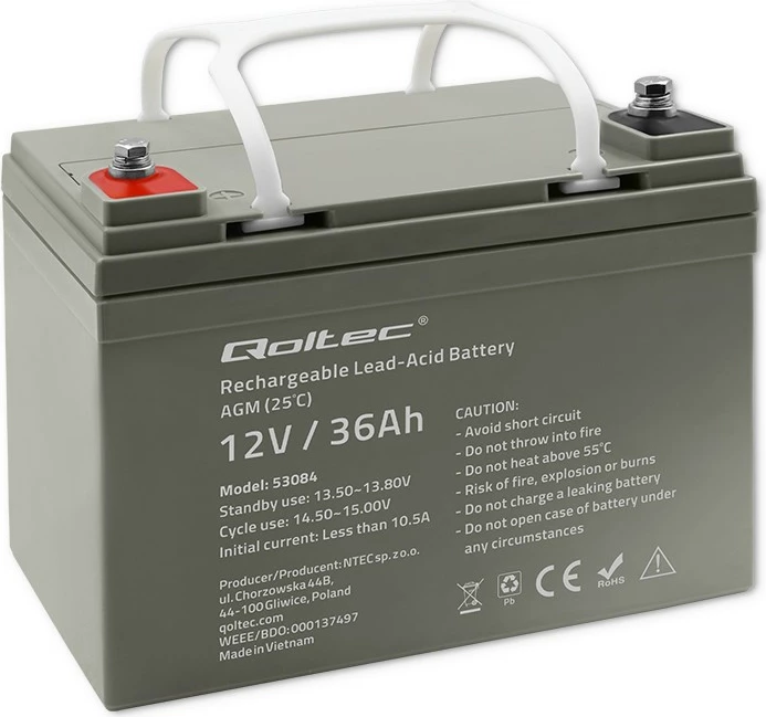 Bateri AGM Qoltec 53084, 12V, 36Ah, Gri