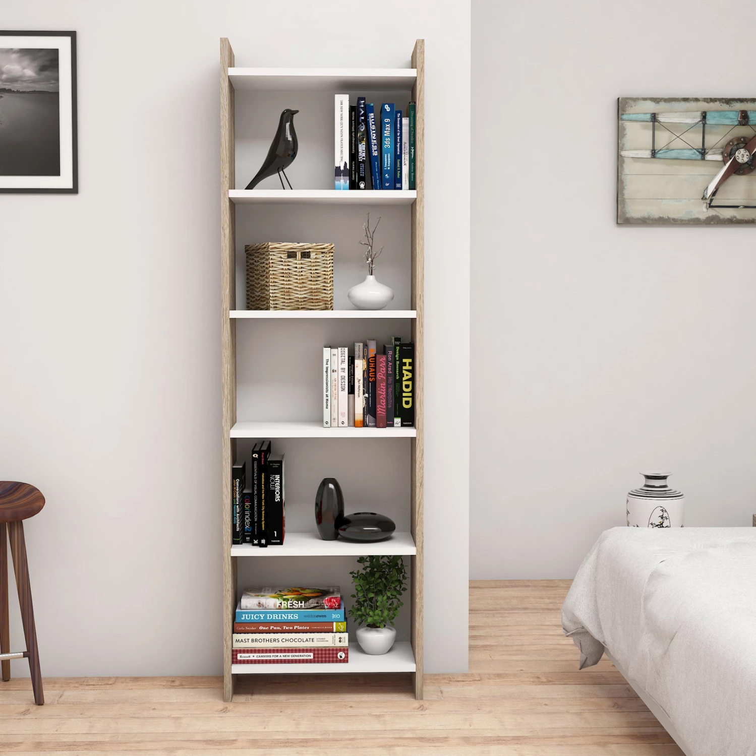 Raft librash melamine në sonoma-bardhë, FH9226.12, 48.5x22x160H cm