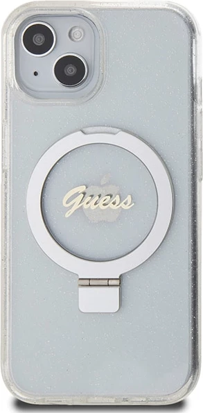 Mbështjellës Guess Ring Stand Script Glitter MagSafe për iPhone 15/14/13, transparent