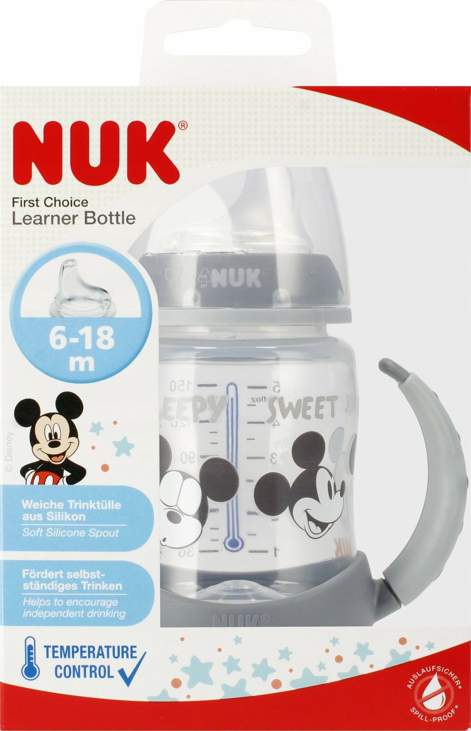 Biberon mësimor NUK First Choice Miki 150 ml me doreza dhe tregues temperature, i bardhë/gri