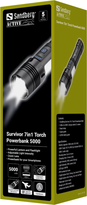 Fener me powerbank SANDBERG Survivor 7-in-1 Torch Powerbank 5000, 5000 mAh, 500 lm, IPX4, i zi, set me kabllo USB-A në USB-C dhe rrip dore