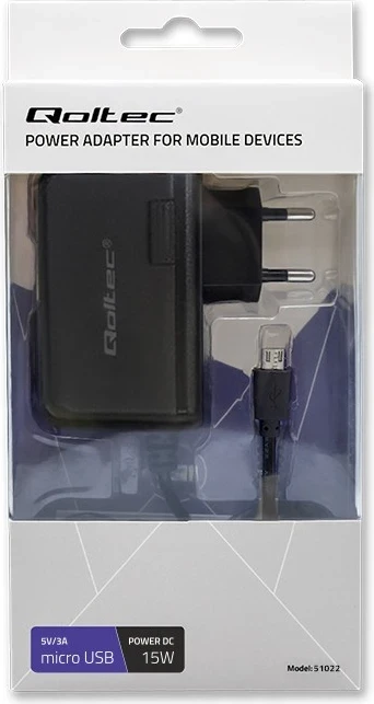 Karikues rrjeti Qoltec 15W 5V 3A micro USB, i zi