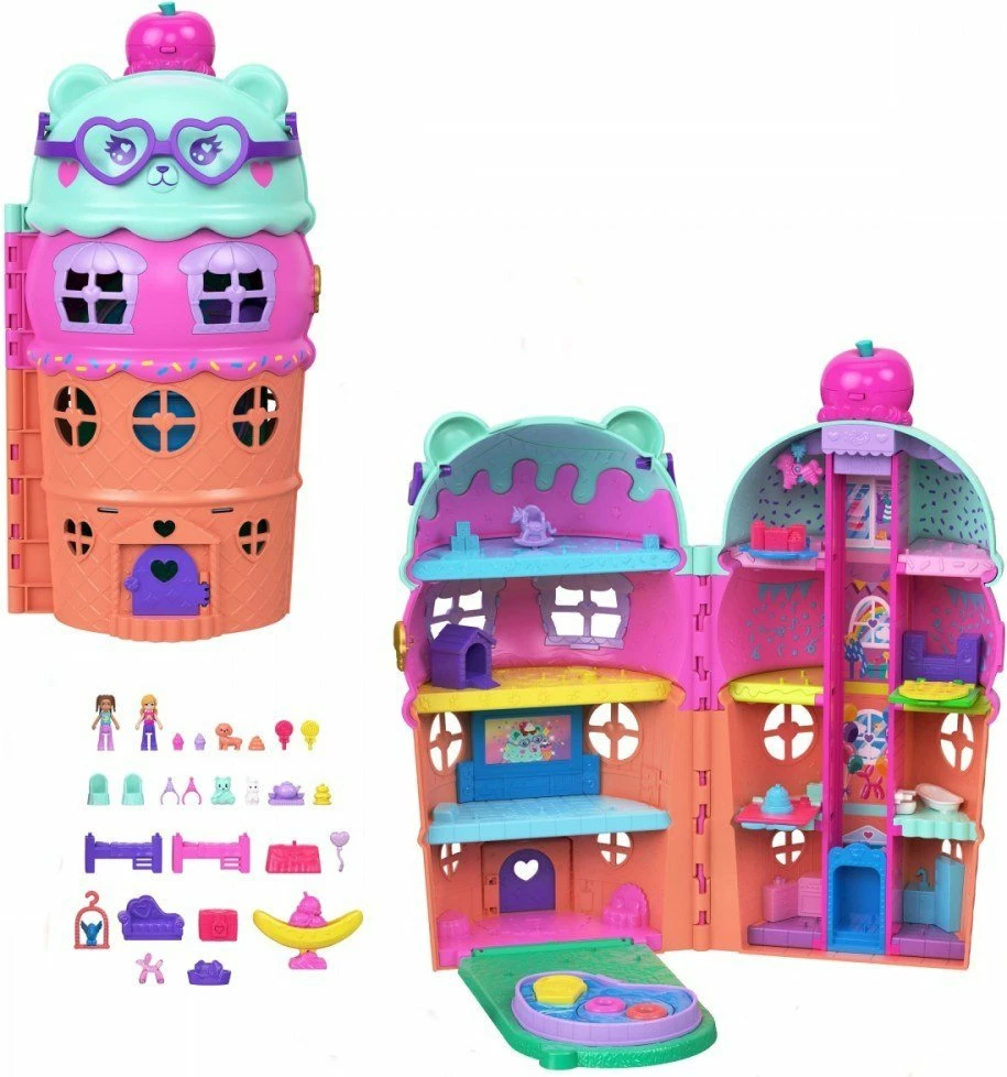 Shtëpizë kukullash Mattel Polly Pocket Ice Cream Cone House JFT91, 4 kate, me pishinë dhe ashensor, shumëngjyrëshe, set me 2 mikro kukulla + 25+ aksesorë