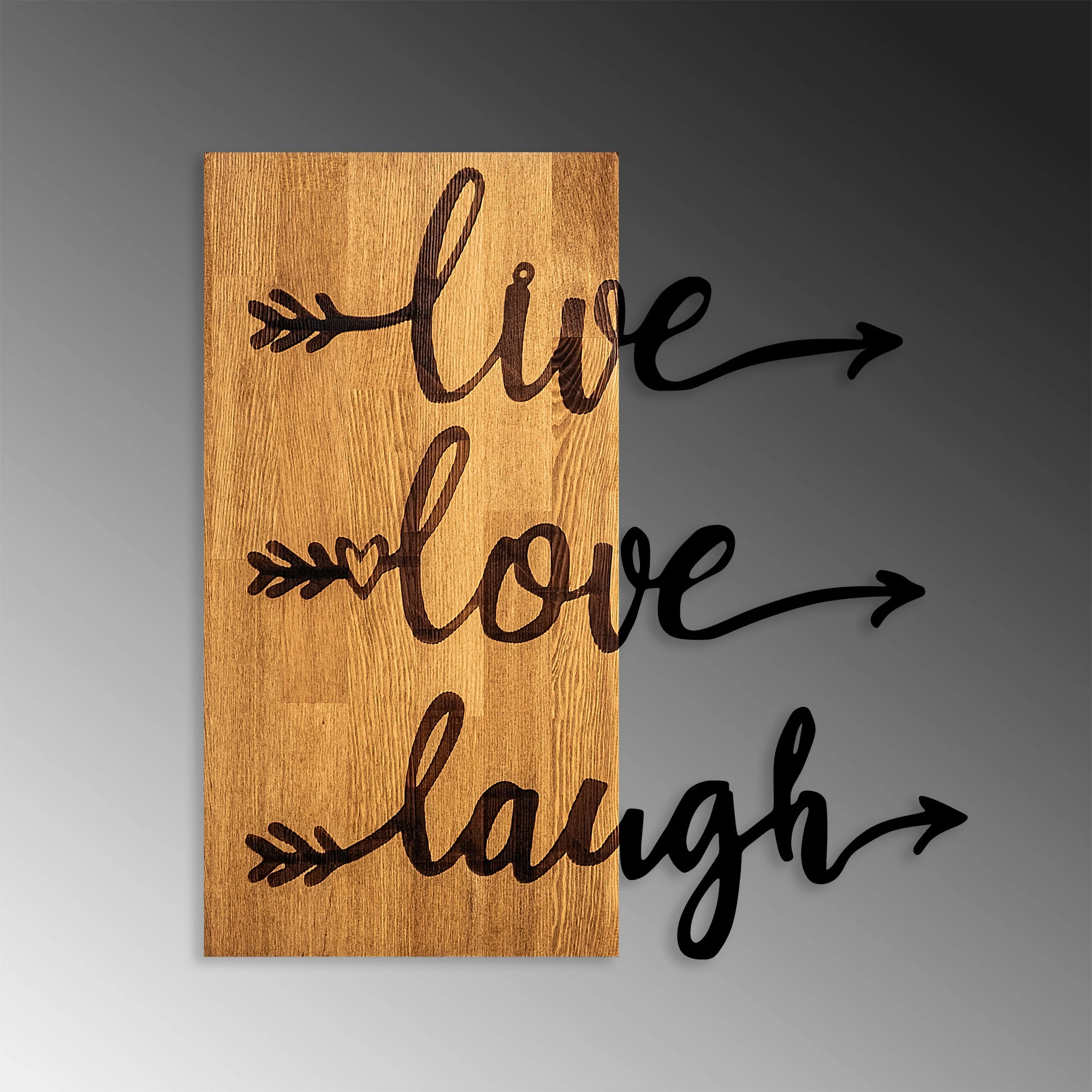 Aksesor dekorativ prej druri për mur, Wallity, Live Love Laugh, ngjyrë arre dhe e zezë, 55x58cm