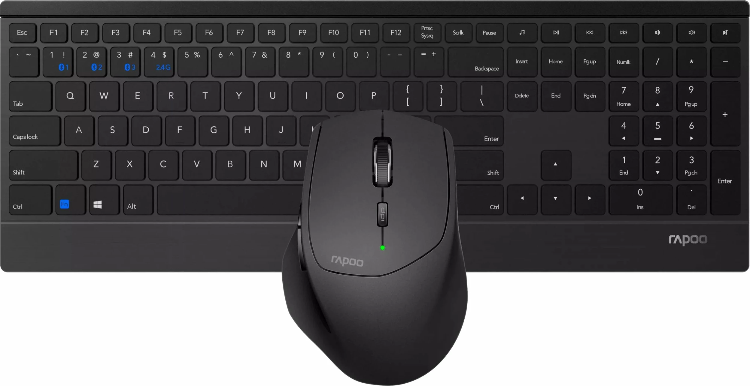 Set tastierë + Maus Rapoo 9500M (RP 9500M UI-B), pa kabllo Multi-Mode Bluetooth/2.4GHz, layout US, 1600 DPI, 6 butona, e zezë, set 2-në-1