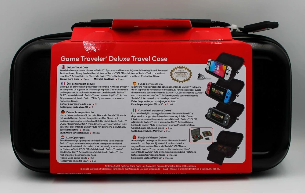 Torbicë udhëtimi e fortë për Nintendo Switch Nacon/Bigben Deluxe Travel Case Metroid Dread, kompatibile Switch/OLED/Lite, me mbajtëse kartele & microSD, kuqe/zezë, set 4 copë