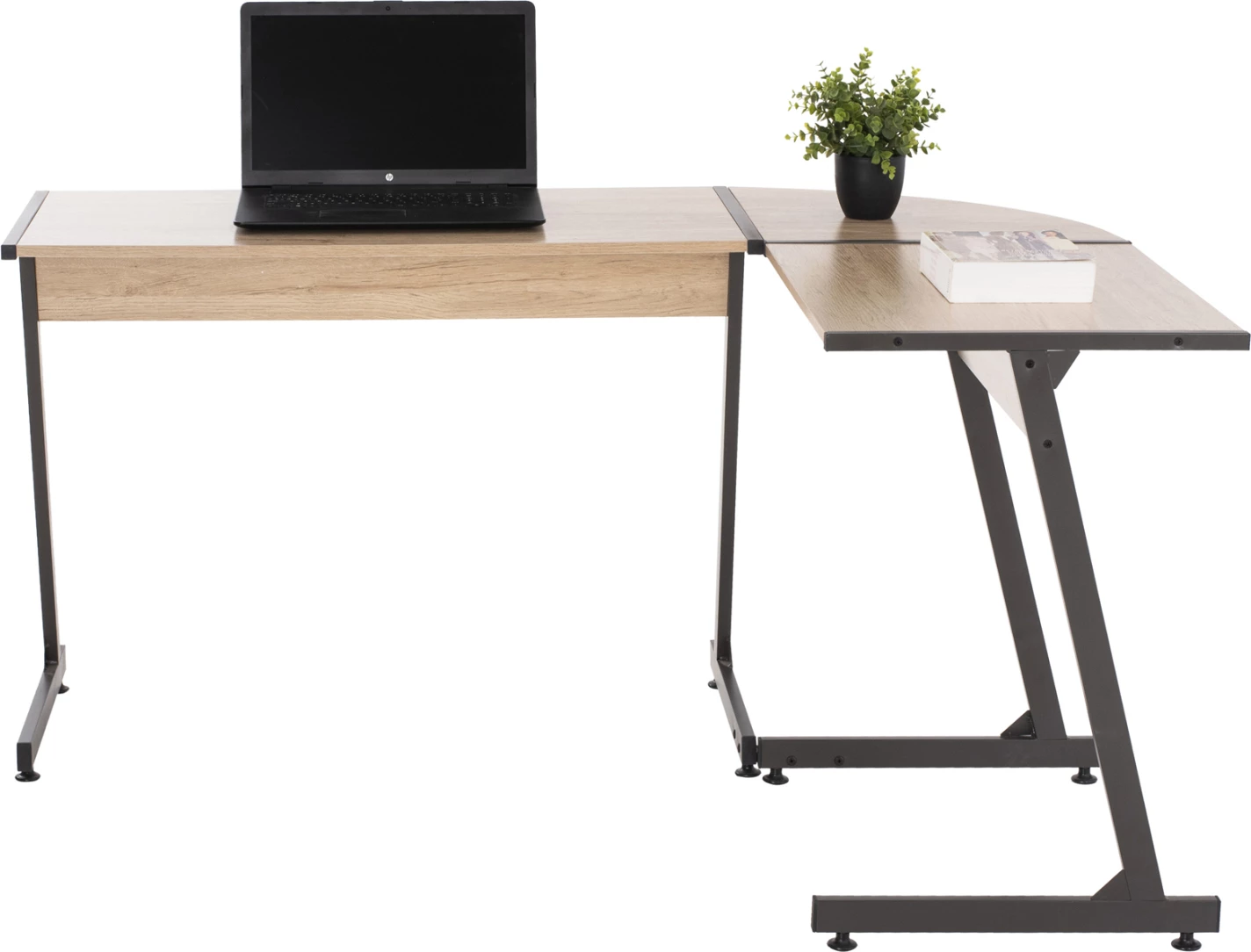 Tavolinë këndore FH9319, kornizë metalike gri e errët dhe sipërfaqe tavoline MDF ngjyrë lisi 147X112X74H cm