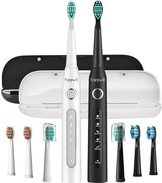 Set furça dhëmbësh sonike FairyWill FW-507, 2 copë, 8 koka zëvendësuese, e zezë dhe e bardhë, me kuti udhëtimi