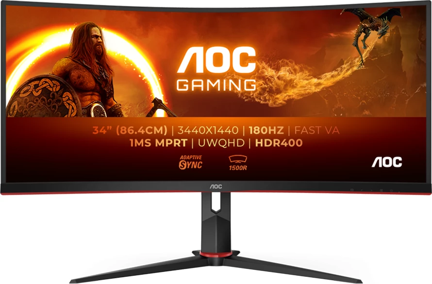 Monitor gaming AOC CU34G2XP 34\" i lakuar VA, UWQHD 3440x1440, 180Hz, 1ms, HDR400, FreeSync Premium, HDMI/DP, i zi-kuq