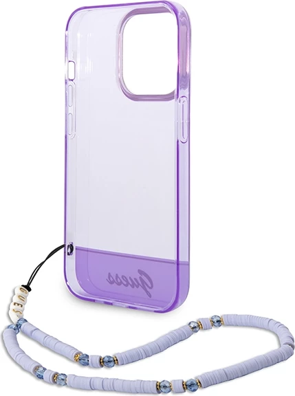 Mbështjellës Guess GUHCP14XHGCOHU për iPhone 14 Pro Max 6.7", Translucent Pearl Strap, vjollcë
