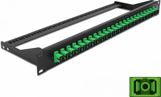 Patch panel fibër DeLOCK 19″ 1U, 24 porta SC Simplex, SMF, zi/jeshil
