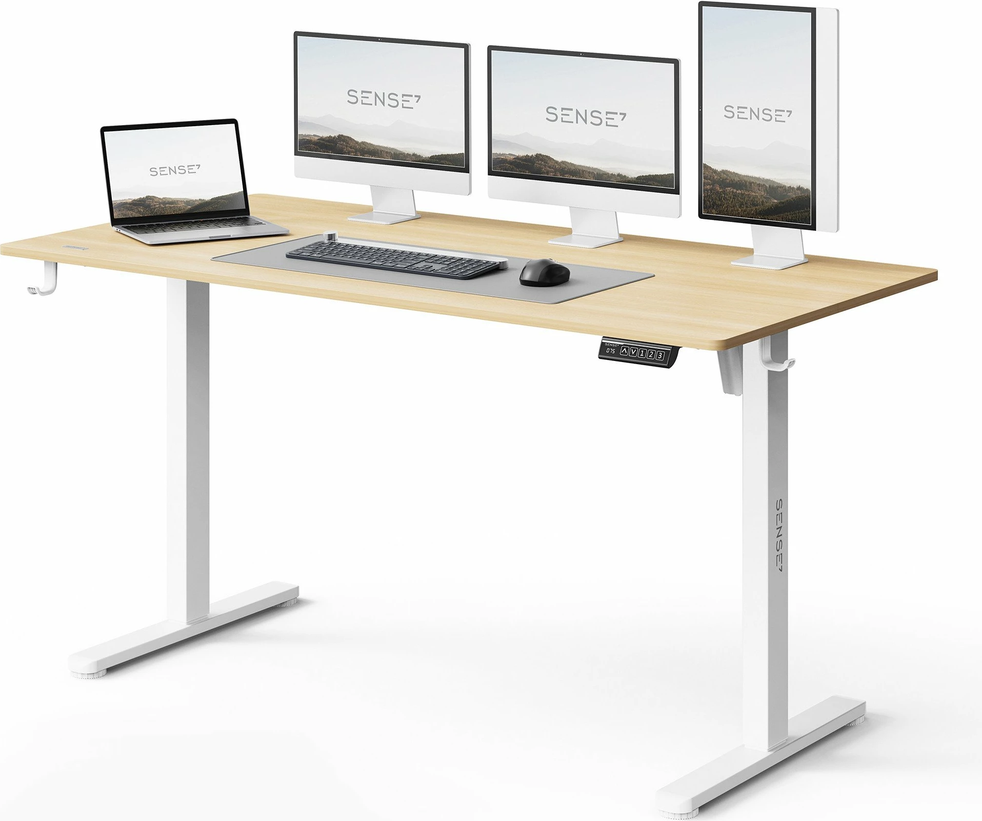 Tavolinë zyre/gaming elektrike SENSE7 NOJO LIGHT 140x70 cm, rregullim lartësie 72-118 cm, max 70 kg, kafe e çelët/bardhë, me mbajtëse kufjesh/çantë 2 copë