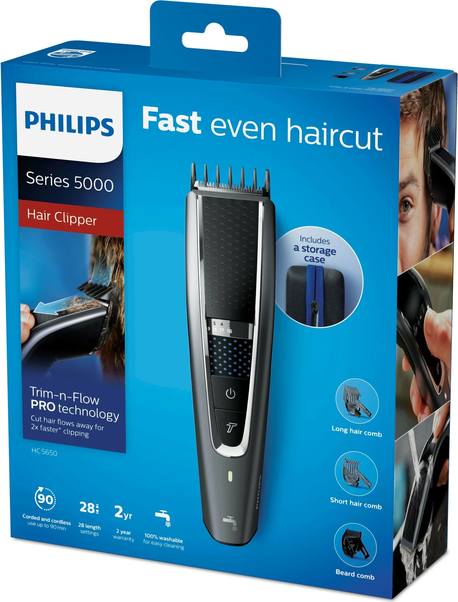 Makinë rroje Philips 5000 HC5650/15, 0.5 mm, 2.8 cm, Inoks, E zezë, Argjendtë