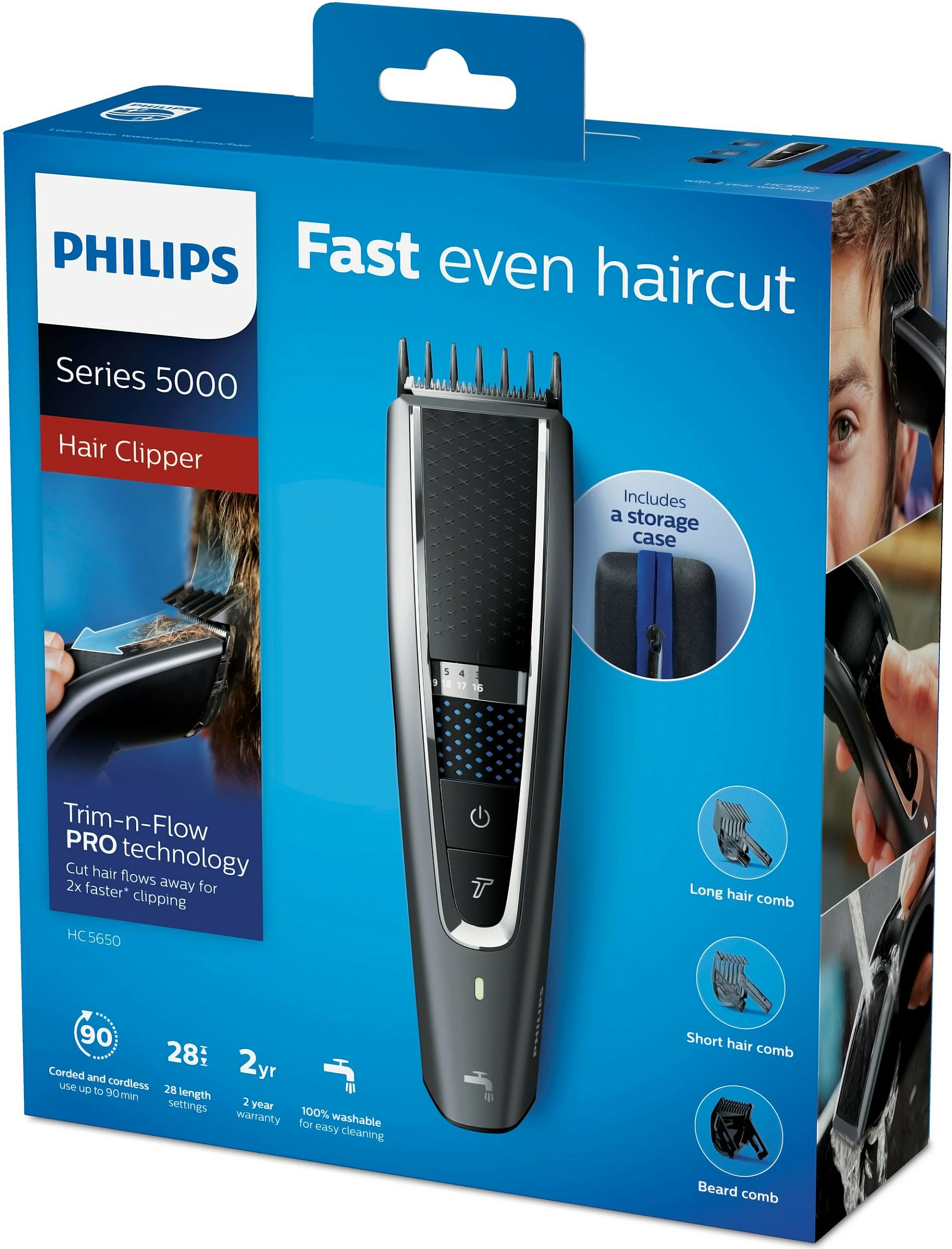 Makinë rroje Philips 5000 HC5650/15, 0.5 mm, 2.8 cm, Inoks, E zezë, Argjendtë