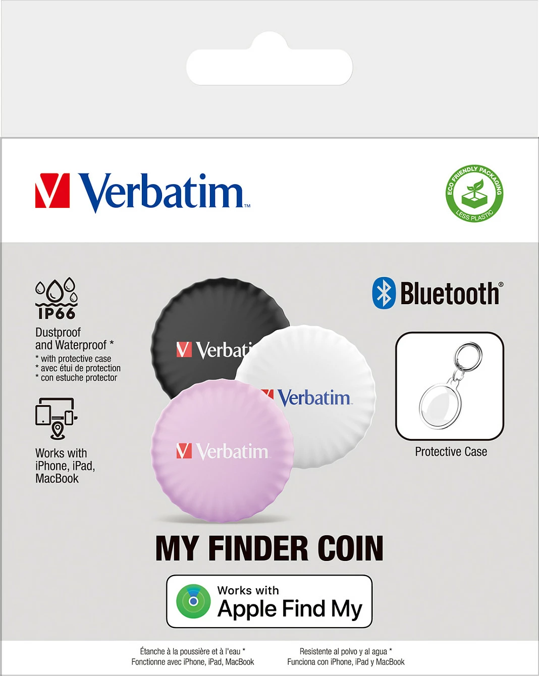 Tracker Bluetooth Verbatim My Finder 32135, set 3 copë, IP66, bateri CR2032, për Apple Find My, zi/rozë/bardhë
