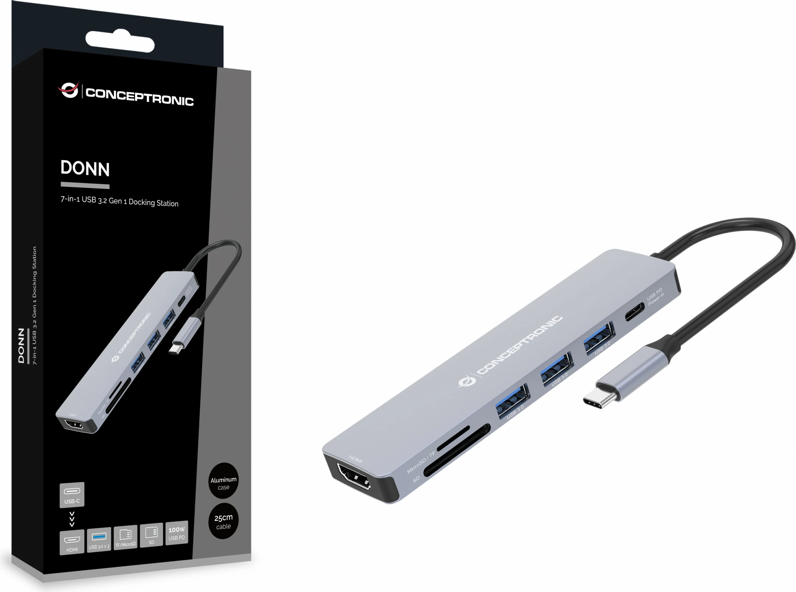 Stacion dokimi Conceptronic 7-1, USB-C në HDMI/3xUSB-A/SD/TF, 25cm, gri