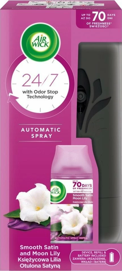 Aromatizues automatik Air Wick Freshmatic Moonlit Lily Enveloped in Satin 250 ml, set me rimbushje + 2 bateri AA