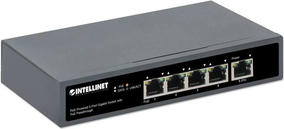 Switch Intellinet 561808, 5p Gigabit PoE Passthrough, i ushqyer nga PoE ose AC, 95W