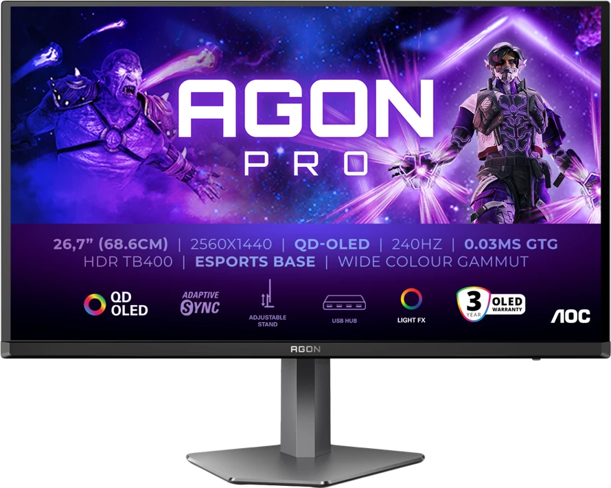 Monitor gaming AOC AGON PRO AG276QZD2 26.7" QHD QD-OLED 240Hz 0.03ms Adaptive Sync, gri e errët