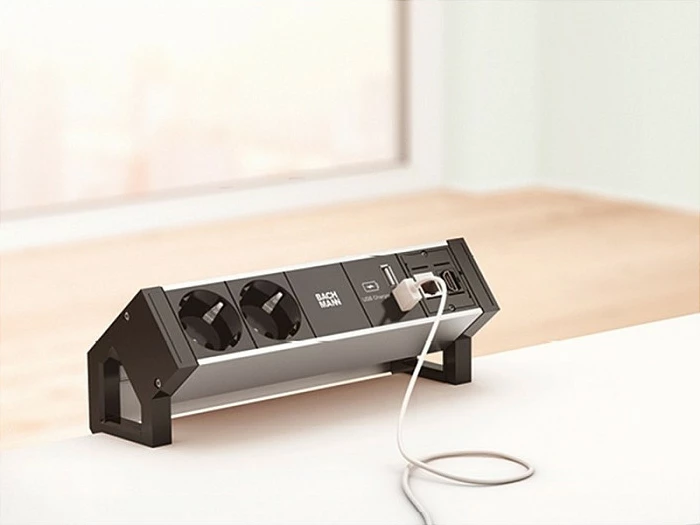 Zgjatues tavoline Bachmann DESK2, 2x Schuko, 1x USB Charger, GST18, alumini, 0.2m, zi/gri
