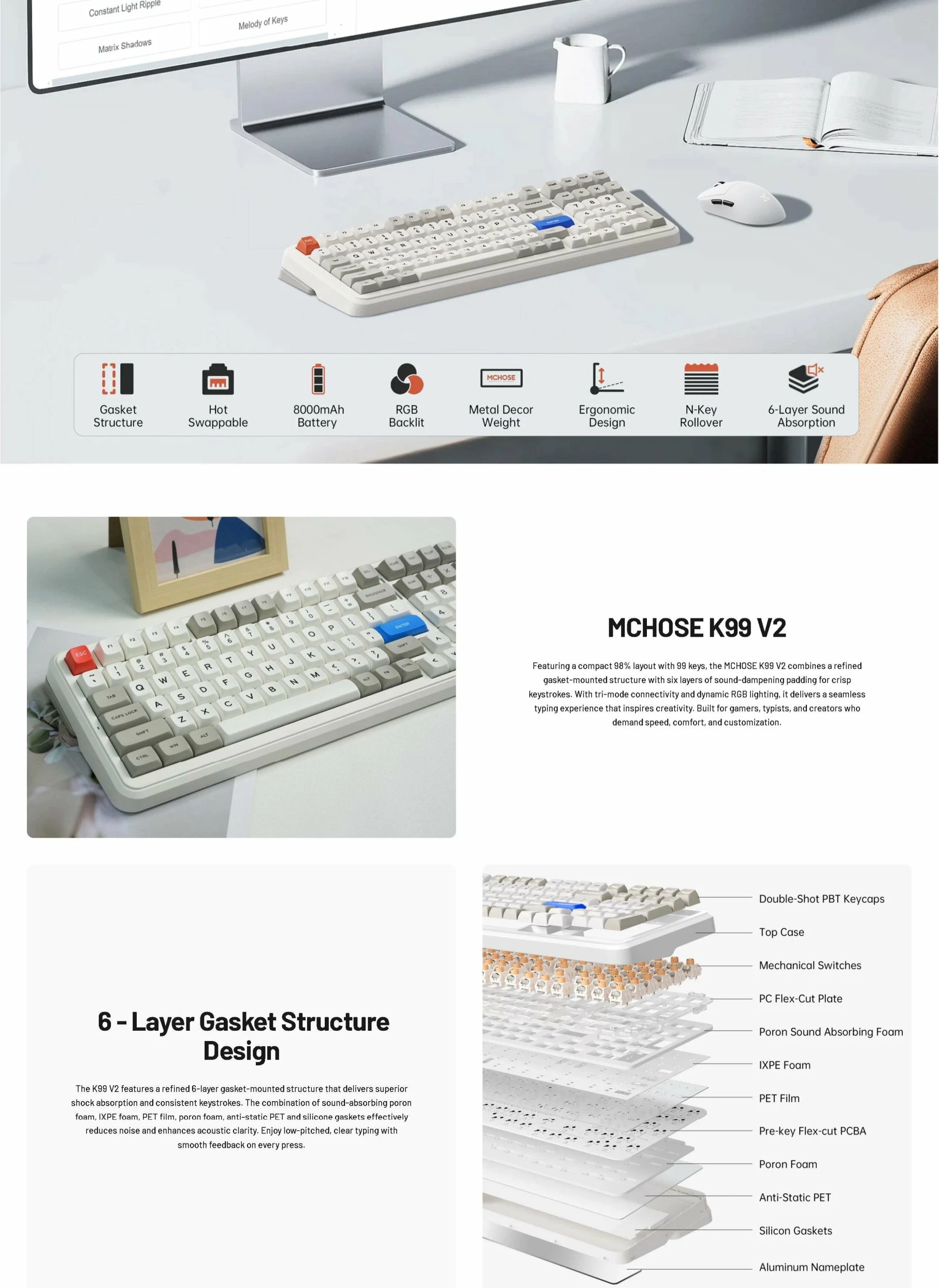 Tastierë gaming mekanike MCHOSE K99 V2 96% US layout tri-mode RGB hot-swap 8000 mAh Icy Creamsicle Retro White