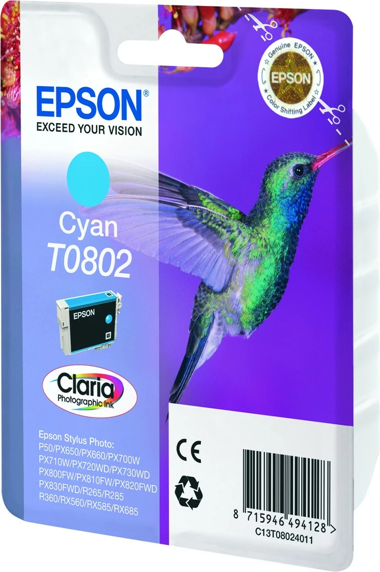 Toner Epson Hummingbird Singlepack Cyan T0802, 7.4 ml, Cyan