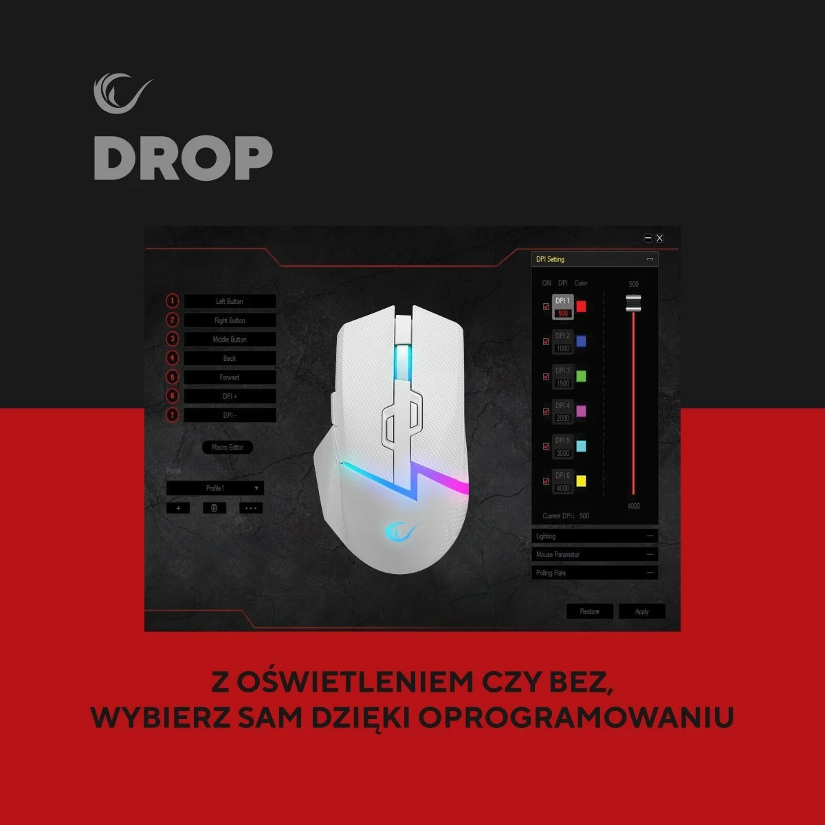 Maus Rampage DROP M3 RGB 1000Hz 10000 DPI i bardhë