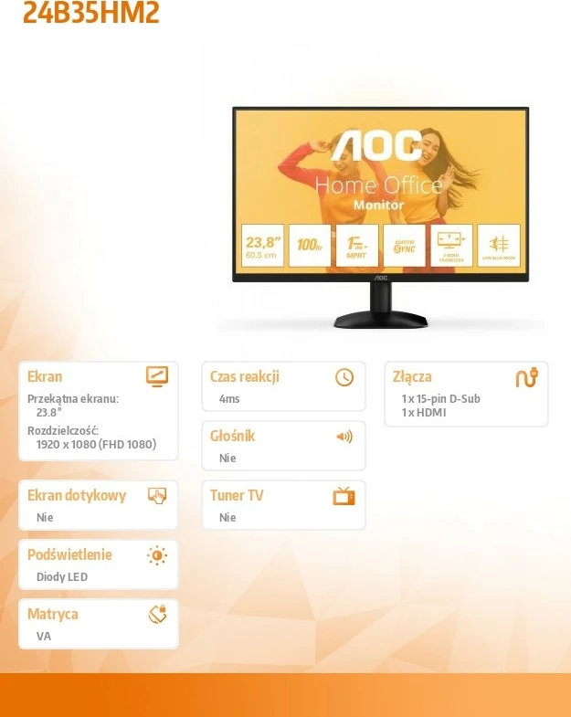 Monitor AOC 24B35HM2, 23.8 inç, VA, 100Hz, FHD, i zi